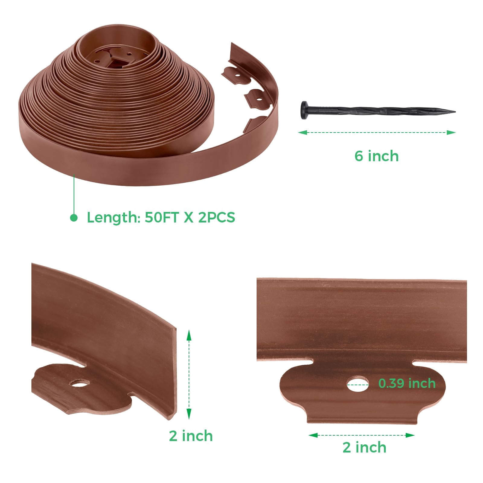 2-Inch x 100 FT Landscape Edging Border with 150 Spikes, Plastic Edging for Landscaping Garden Edging Border, Flexible Landscaping Edging for Garden Flower Beds Yard Lawn Pathway Paver (Brown)