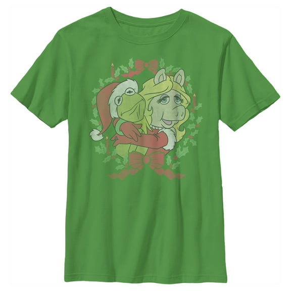 Boy's The Muppets Christmas Kermit and Piggy Hug Graphic Tee Kelly Green Large