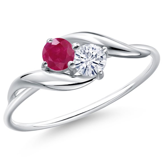 Gem Stone King 10K White Gold Round Red Ruby and White Moissanite Ring for Women (0.41 Cttw, Round 3.5MM, Gemstone July Birthstone, Size 8)