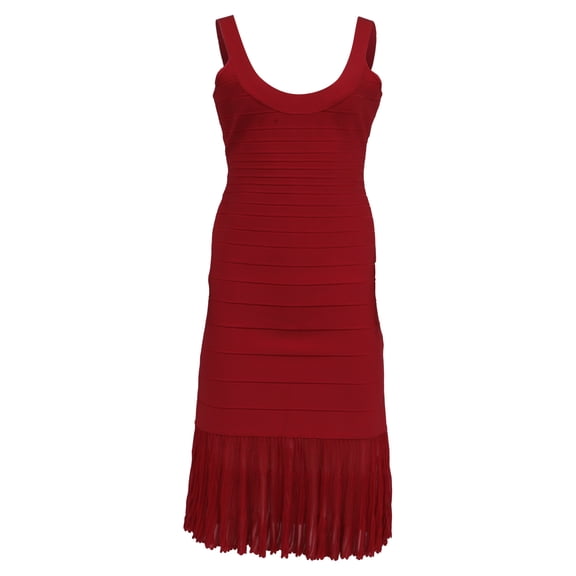 Pre-Owned Herve Leger Bandage Pleated Midi Dress in Burgundy Rayon