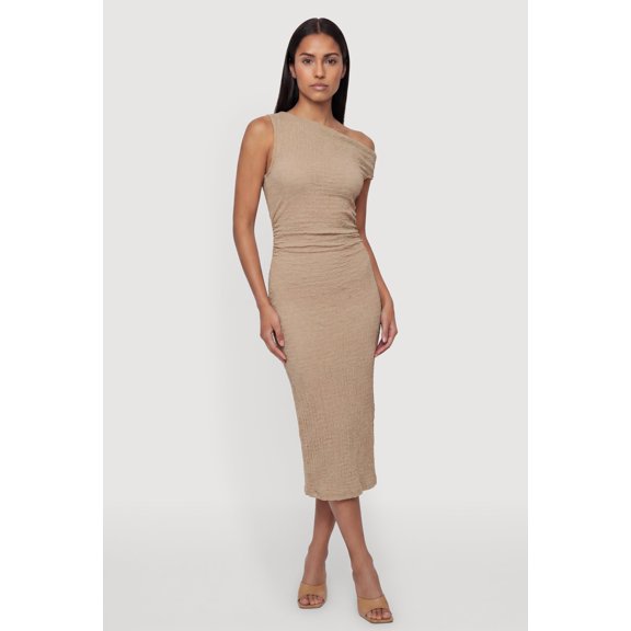 Women's Textured Knit Sleeveless One Shoulder Midi Dress