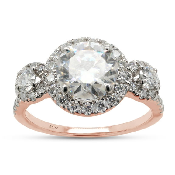 Three Stone Design, 2 1/4 CTTW 7.5MM Center Round Cut Lab Created Moissanite Diamond Halo Engagement Ring For Women In 10K Solid Rose Gold (G-H Color, VVS1 Clarity, 2.25 Cttw)-4