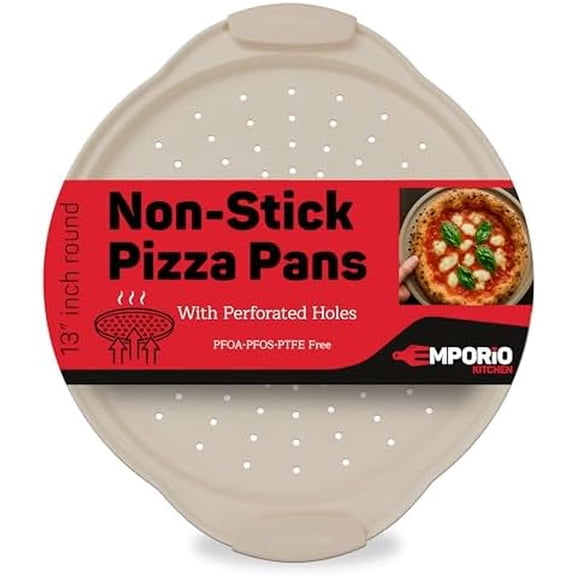 Nonstick Pizza Pan Set with Silicone Handles, Round Carbon Steel Tray 1 Pack 13-Inch with Perforated Holes, Oven & Dishwasher Safe White Marble