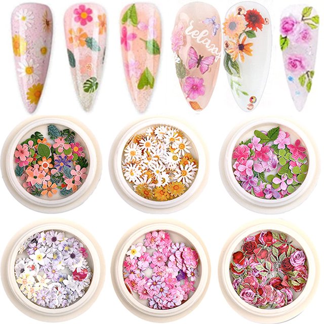 BELICEY 300 piezas de dijes de uñas de flores, pulpa de madera, dijes de uñas de flores 3D, mariposas, accesorios de uñas acrílicas para decoración de uñas y diseño de manualidades, dijes de flores pa