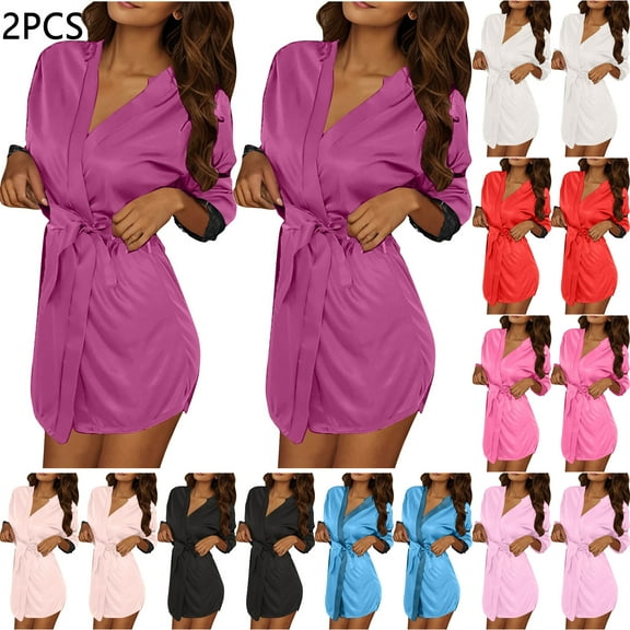 2PCS Summer Pajamas Robe for Women Women Casual Home Ice Silk Bathrobe Nightdress Lightweight Cozy Lounge Sleepwear with Belt