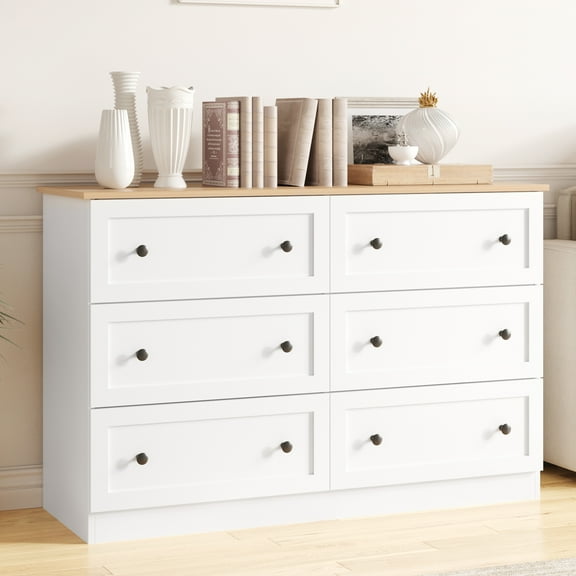 47" Wide Modern Chest of Drawers, 6 Drawers Dresser, Farmhouse Dresser TV Stand Storage Cabinet, Wood Drawer Organizer for Bedroom, Living Room, Hallway, White