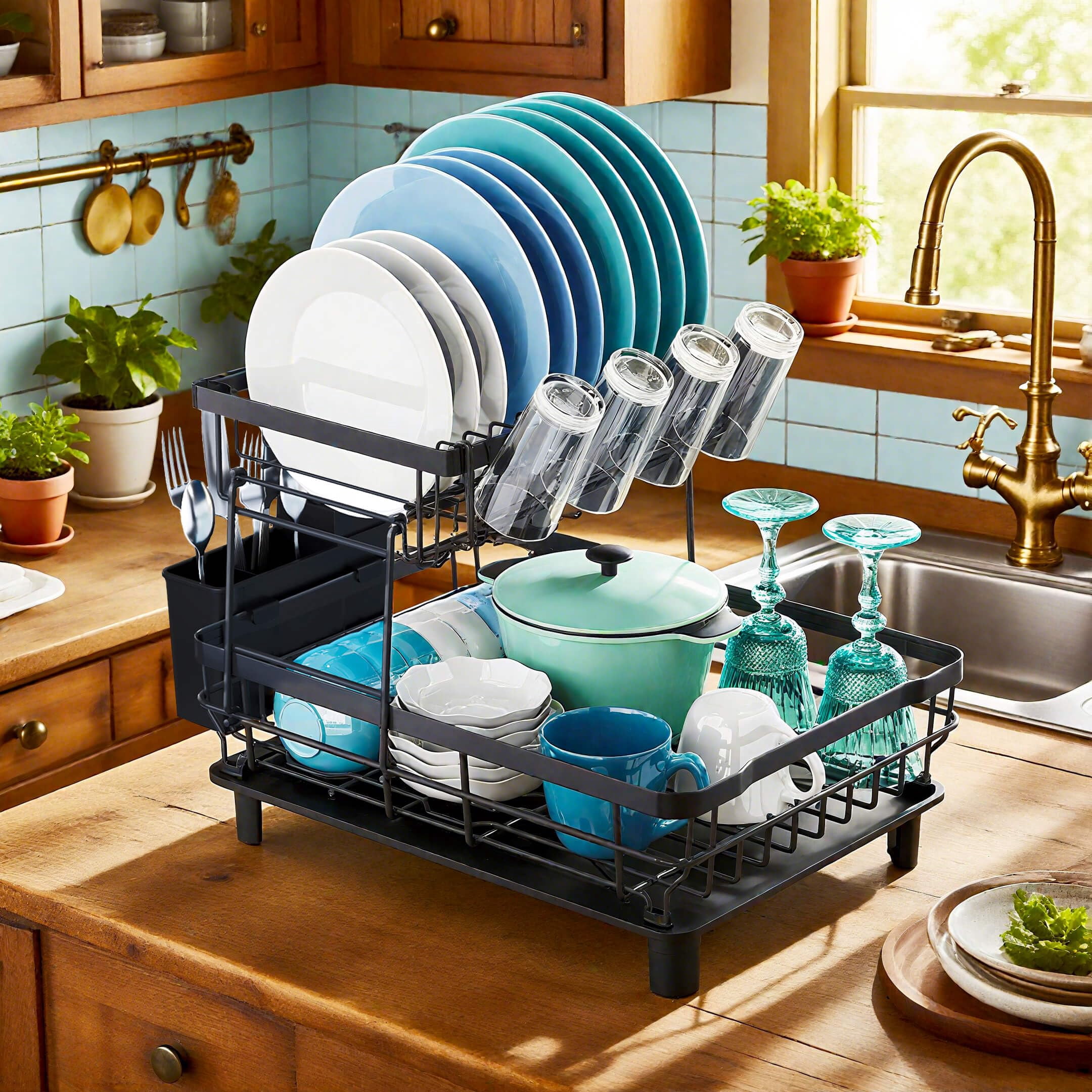 Dish Drying Rack  Stainless Steel Racks For Kitchen Counter Drainer With Removable Utensil Holder Drainboard (black 2 Tier 13''w X 17''l)