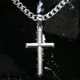 thumbnail image 2 of Leander Silver-Plated Cross Necklace, Unisex, 26mm Stainless Steel Diamond-Cut Figaro or Cuban Chain, Cross Pendant Necklace, 2 of 5