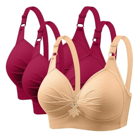 GERsome Women s Pack of 3 Push Up Bra Wireless Padded No Underwire Back Closure Bralettes Sports Bras Comfort Sleep Bra Full Coverage 3PC#2Red/Beige XXL