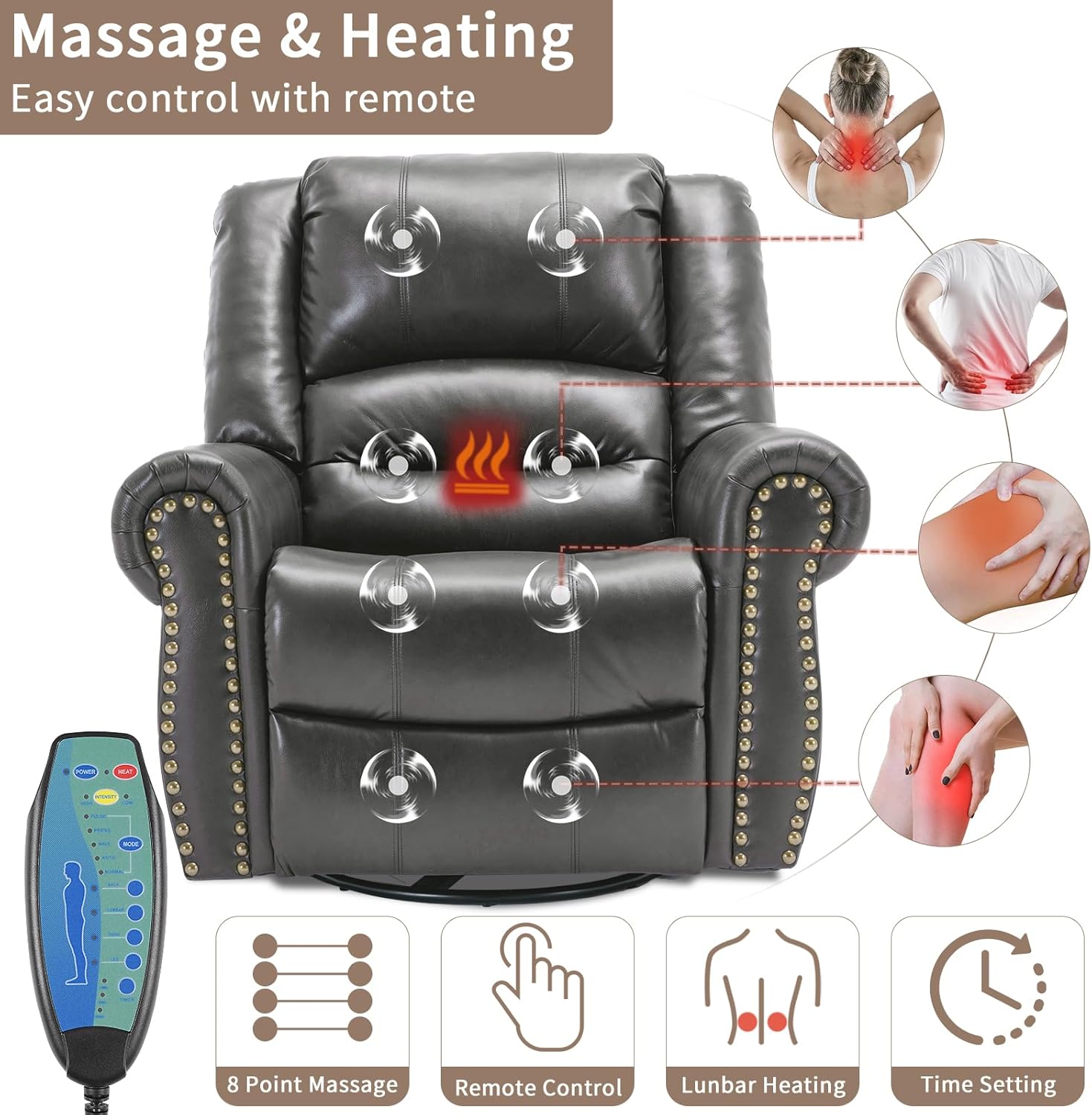 EPICOZY Manual Massage Swivel Rocker Recliner with Heat and Vibration, 360° Swivel Glider Rocking Recliner Chair, Classic Living Room Lounge Recliners with Side Pockets & USB Ports, Grey