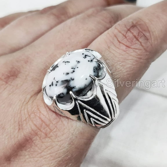 Dendritic Opal Mans Ring, Natural Dendrite Opal Ring, Silver Jewelry, 925 Silver Ring, Birthday Gift, Heavy Mens Ring, Arabic Design, Ottoman Style Ring, Christmas, Turkey Mens Signet Ring