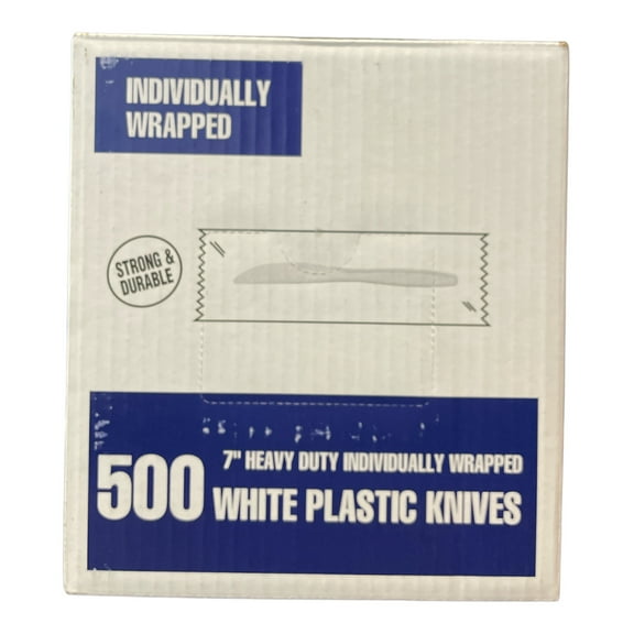 White Plastic Knives, 7" Heavy Duty, Individually Wrapped (500 Count)