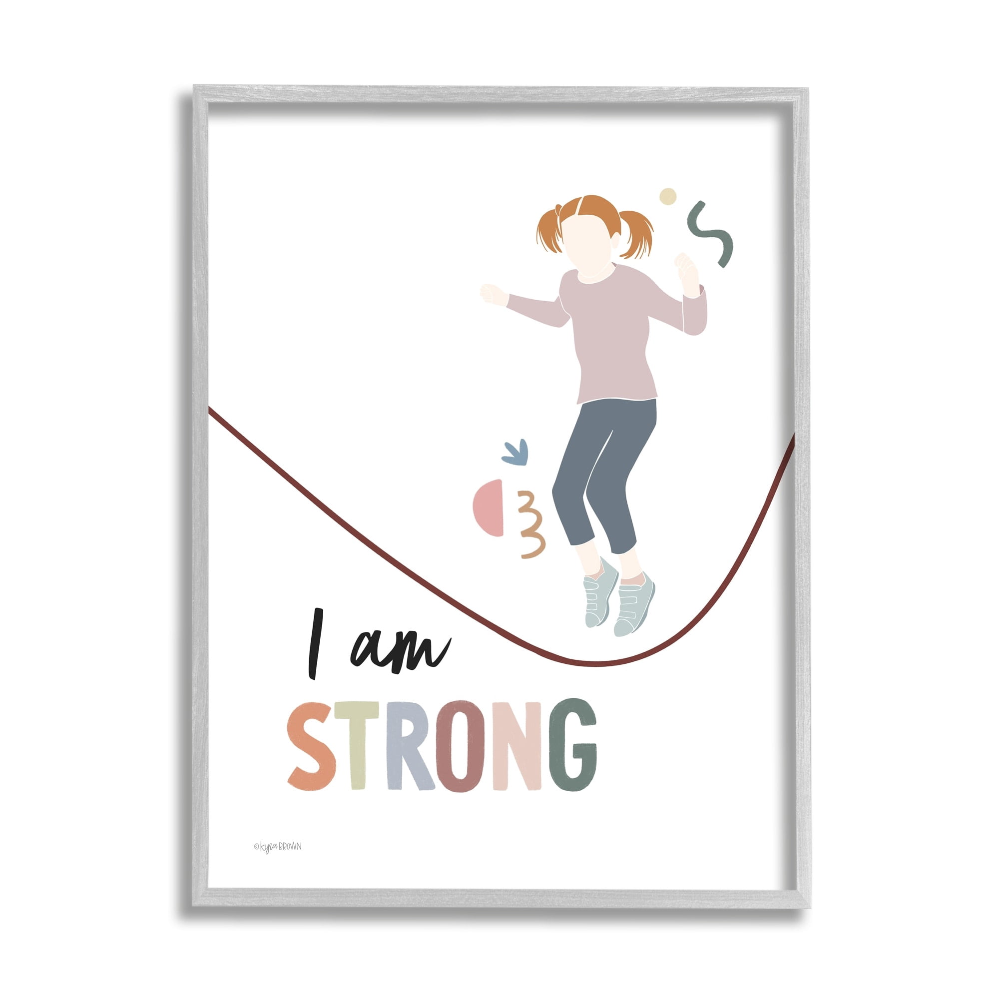 Stupell Industries I Am Strong Uplifting Girl Jumping Rope Phrase Graphic Art Gray Framed Art Print Wall Art, Design by Kyra Brown