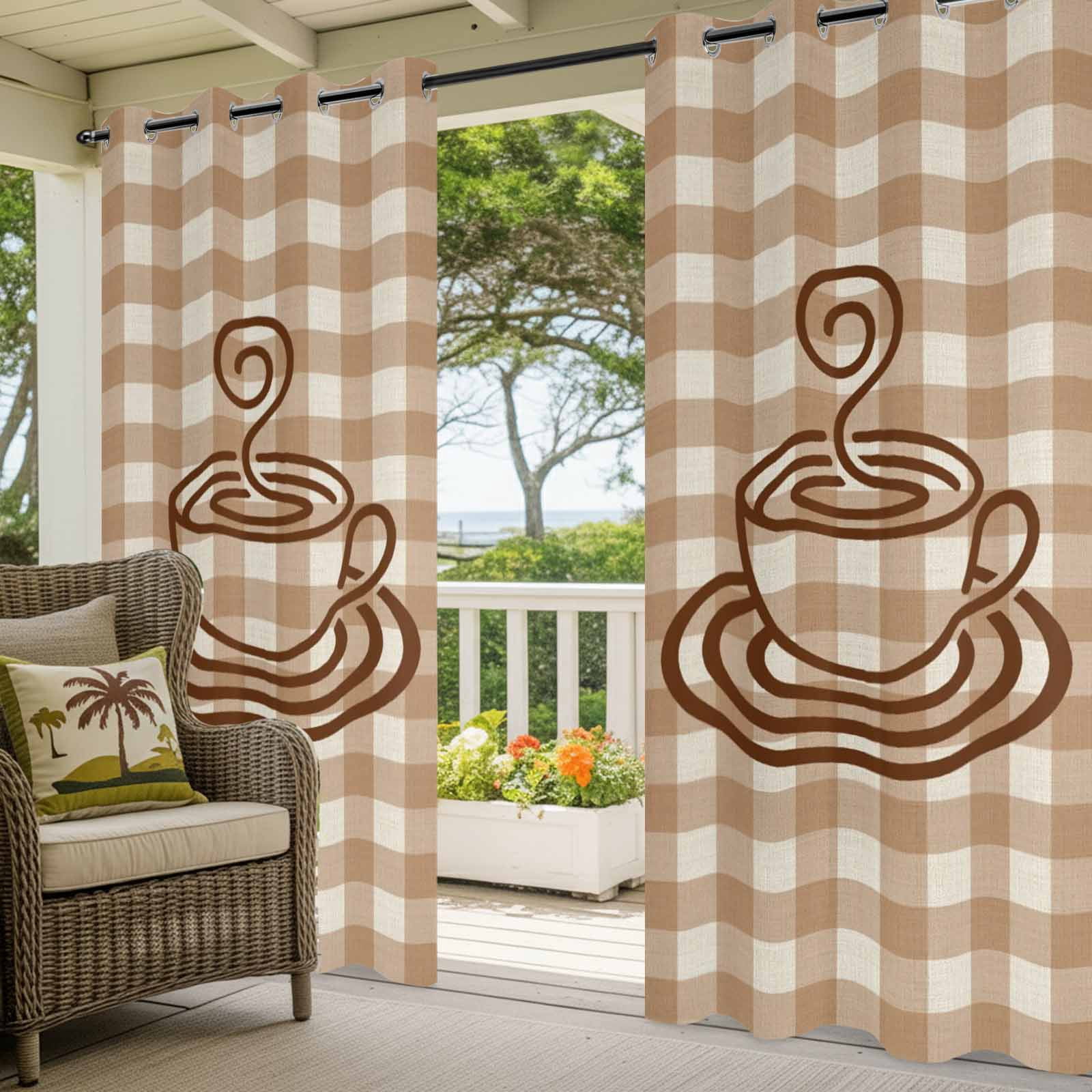 Coffee Cup Outdoor Curtains for Patio, Retro Country Brown Lines Cup Brown Plaid Sunshade Privacy Drapes Grommet Waterproof Outside Curtains for Porch/Cabana/Balcony 54"x 108", 1 Panel