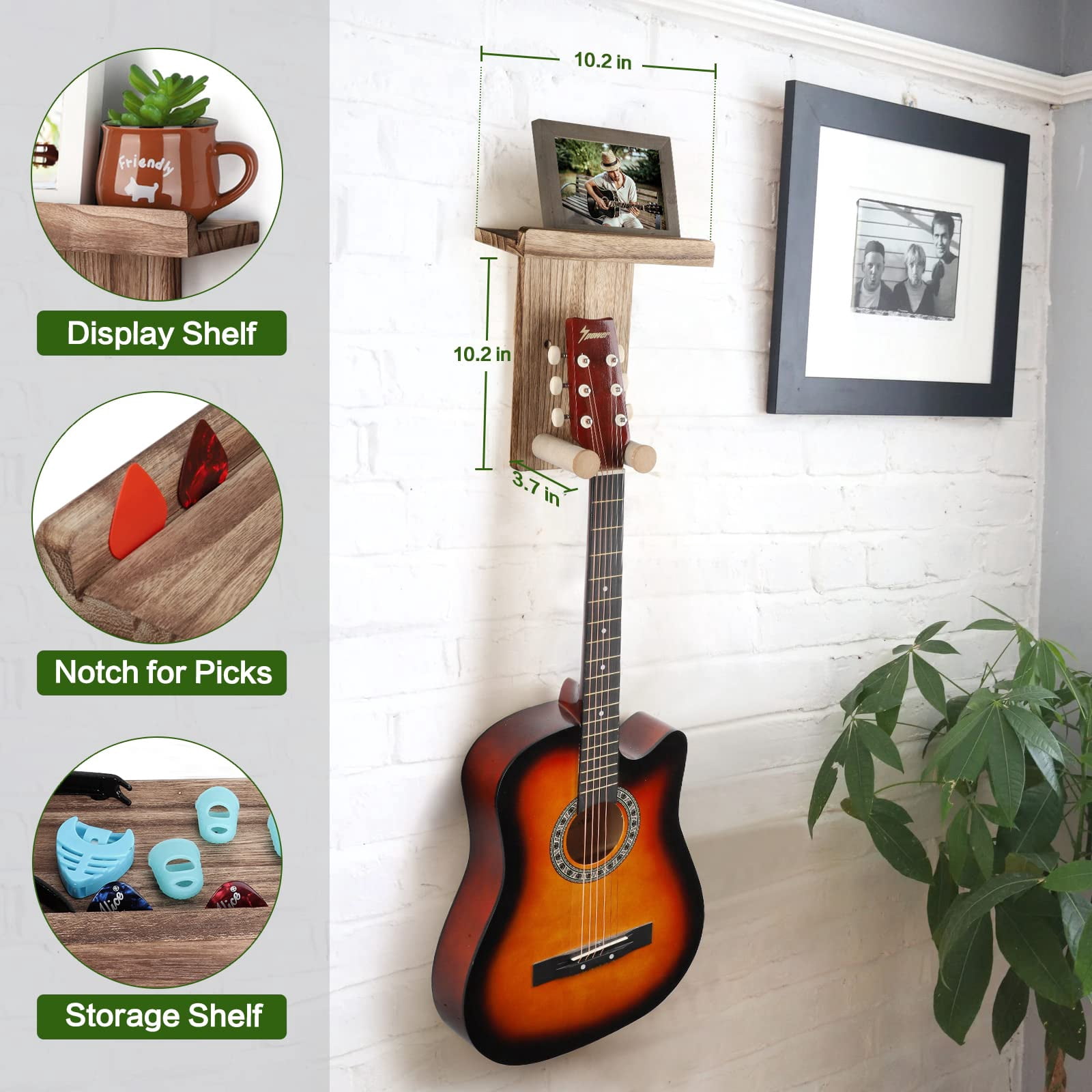 2 Pack Guitar Hanger Wall Shelf With Pick Holder Wood Rack For Acoustic  Electric Ukulele Bass Mandolin - Brown (patented)