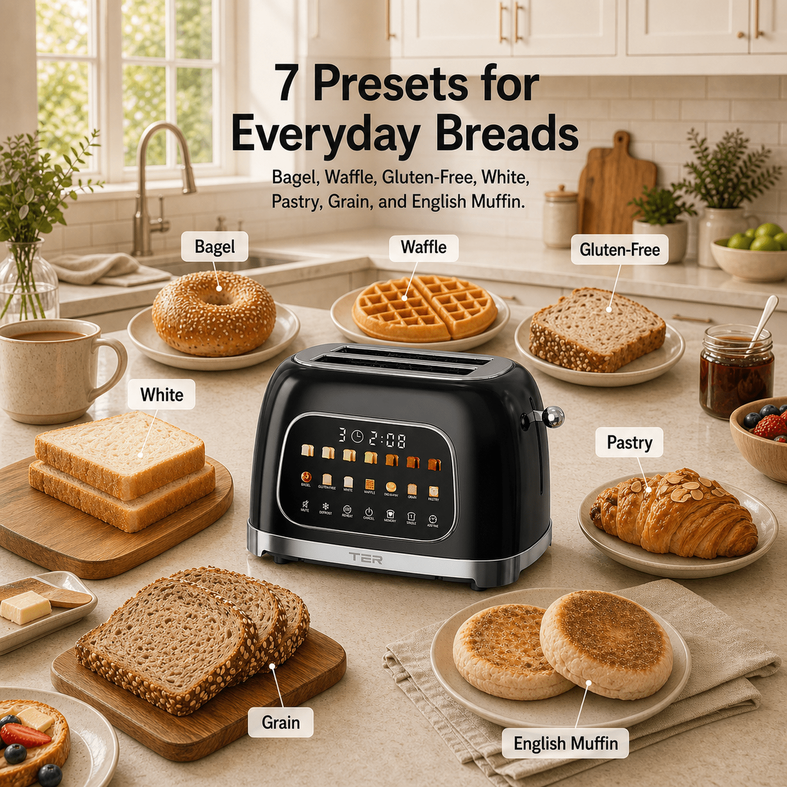 TER Smart 2-Slice Toaster with Touchscreen & Countdown Timer, 7 Bread Modes & 7 Browning Levels, Extra-Wide Slots for Bagels, Mute Mode, Modern Design