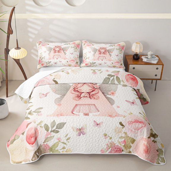 Erosebridal Kawaii Elf Twin Quilt Set for Girls, Flower Monogrammed A Twin Coverlet Set, 2-Piece 1 Quilt and 1 Pillowcase