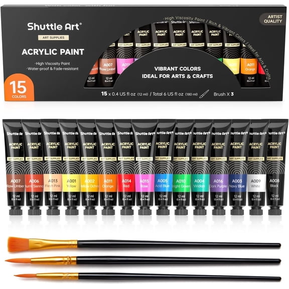 Acrylic Paint Set, 15 x 12ml Tubes Artist Quality Non Toxic Rich Pigments Colors Perfect for Kids Adults Beginners Artists Painting on Canvas Wood Clay Fabric Ceramic Crafts