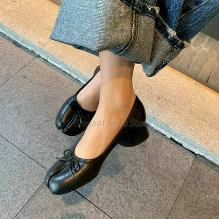 Genuine Leather Split Toe Pumps Women s Bowknot Mid Heel Ballet Shoes Round Heel Shallow Loafers Summer Comfortable Casual Shoes (black 35)