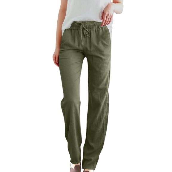 OSOLU Women Summer Solid Color Linen High Waist Elastic Drawstring Pants Lightweight Loose Fit Casual Trousers With Pockets For Comfort Style Daily Relaxed Fit Breathable Bottoms