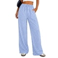 thumbnail image 2 of Stralyhd Wide Legs Pants Woman Plaid Casual Linen Flowy Pants Vacation Drawstring Elastic Waisted Lounge Trousers with Pockets Light Blue XXL, 2 of 6