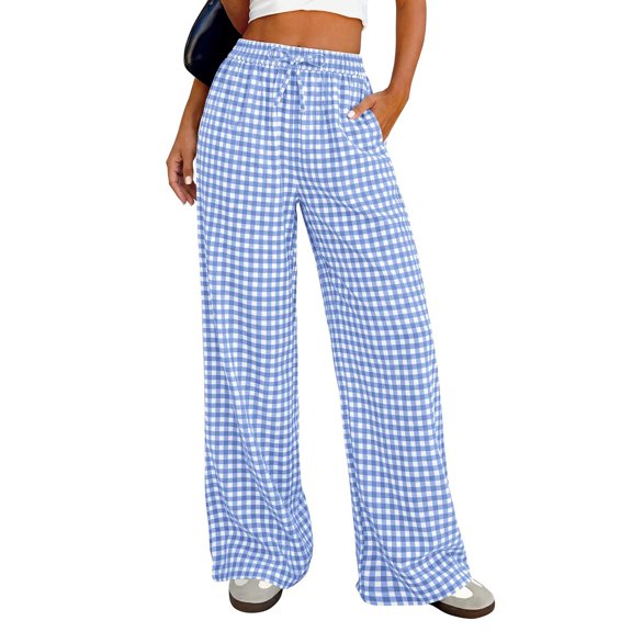 Lumtrix Womens Gingham Pants 2026 Cotton Linen Drawstring Wide Leg Lounge Pants Cute Casual Trousers with Pockets Light Blue 2XL