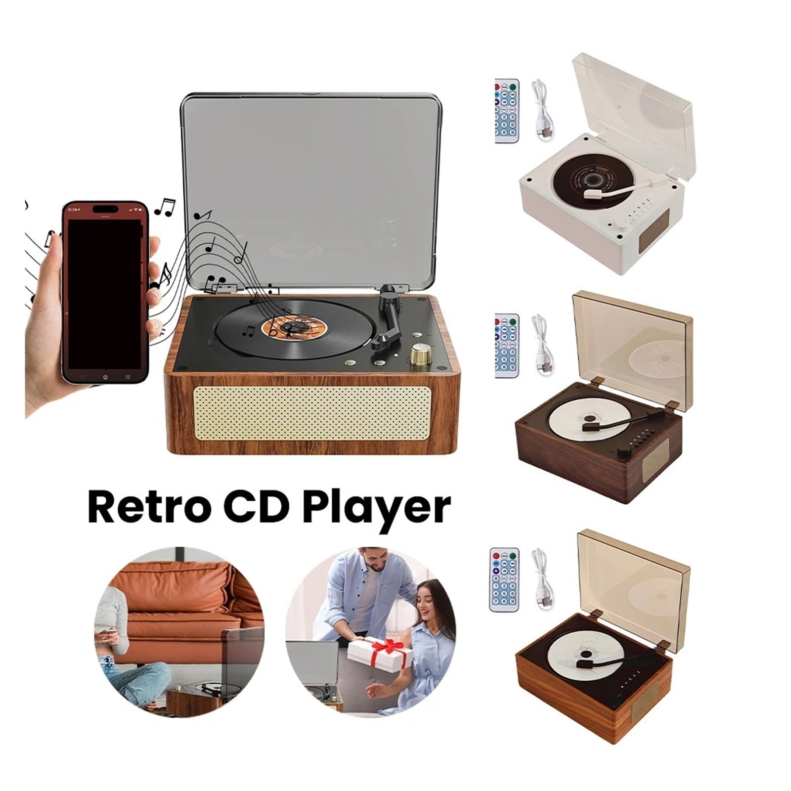 Vintage Leather CD Player Two-Way Bluetooth 5.0 Built-In Speaker Portable Rechargeable ,Multi-Functional