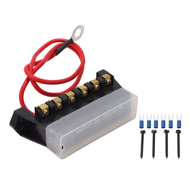 caja de fusibles automotriz ticfox caja de fusibles 6 vías alta resistencia mecánica resistencia al calor abs, bloque de 6 terminales sobre base negra con tornillos de latón y cubierta transparente, cable rojo con terminal anular para entrada 12 AWG, incluye 4 tornillos y conectores aislados azules, capacidad máxima 40 A y voltaje 32 V.