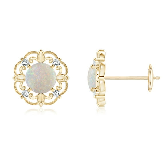 Angara Natural Vintage Style Opal and Diamond Fleur De Lis Earrings in 14K Yellow Gold for Women (Size-5mm) | October Birthstone Jewelry for Her
