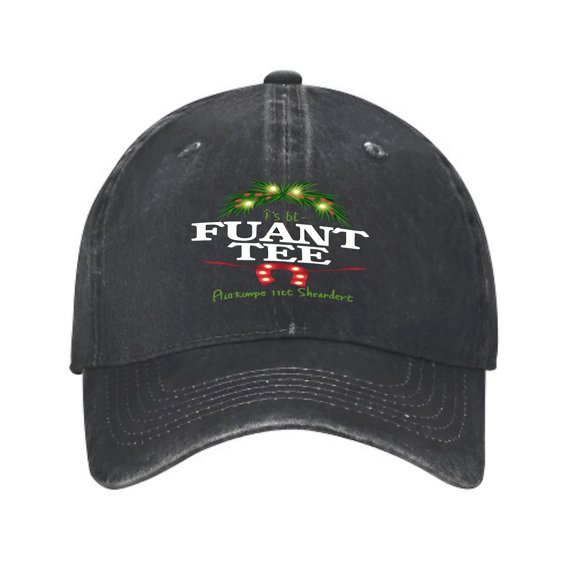 Vintage Cotton Washed Distressed Baseball Cap - Black Dad Hat with Bold ' FUANT TEE ' Green Leaves & Red Curved Line - Perfect for Golf Lovers