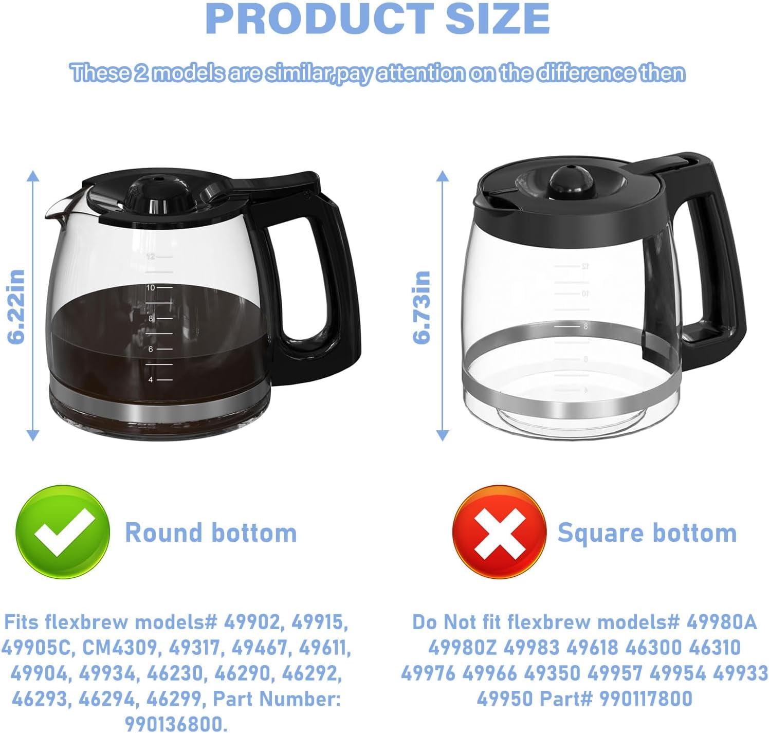 12 Cup Coffee Maker Carafe Replacement Pot Compatible with Hamilton Beach Flexbrew Models: 49902 49915 49905C CM4309 49317 49467 49611 49904 49934 46230 46290 46293 Part Number: 990136800