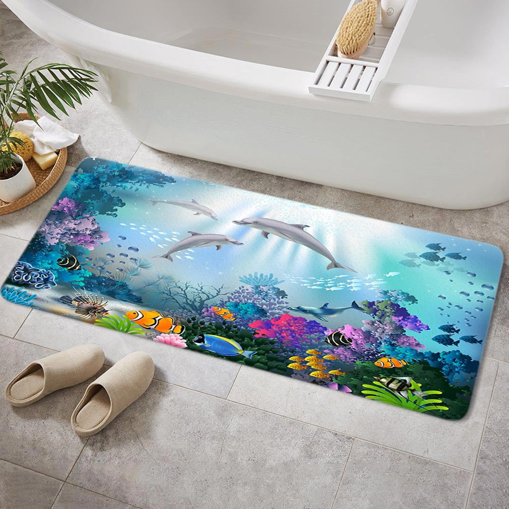 Tropical Fish Bathroom Rugs, Dolphin Sea World Underwater Non-Slip