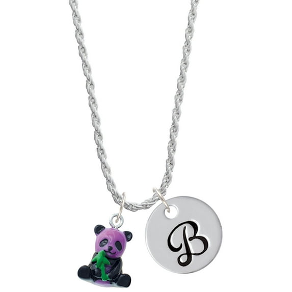 Delight Jewelry Resin Purple Panda Bear Silvertone Script Initial Disc - B - Charm Necklace, 20"+3"
