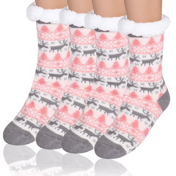 FOCUSSEXY Womens Fuzzy Socks with Grips Non Slip Slipper Socks Cozy Christmas Gift Warm Fluffy Gripper Socks 4 Pair