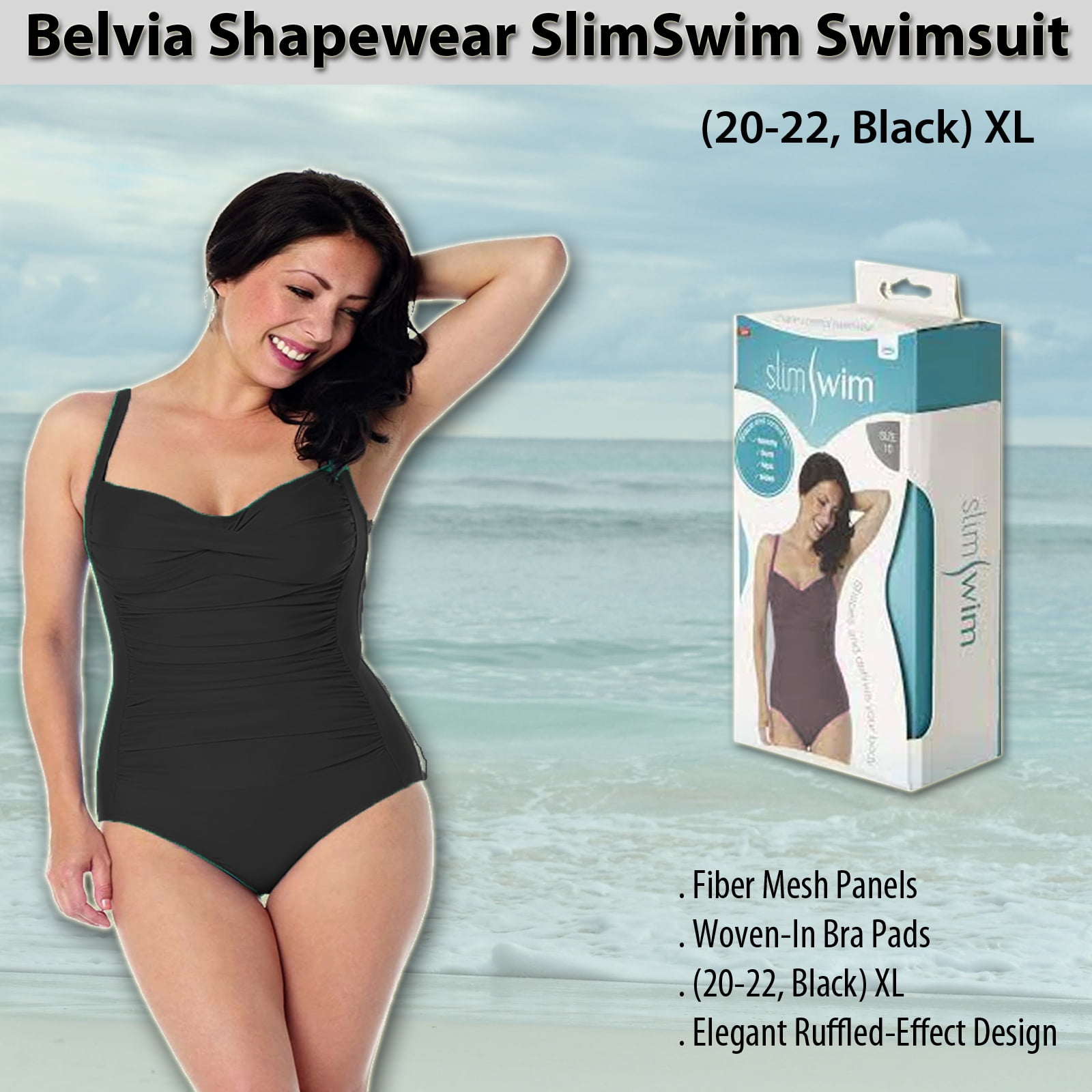 Belvia, Shapewear Slimswim Swimsuit Woven Bra Pad Tummy Control Shirred  Bathing Suit 20-22