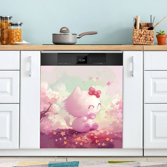 Cute Cat with Bow Dishwasher Magnet Cover Magnetic Fridge Door Cover Home Kitchen Decor 23"x 26"