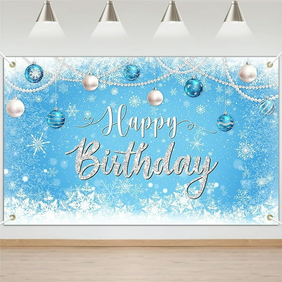 Winter Birthday Backdrop Blue White Snowflakes Happy Birthday Photography Background Winter Wonderland Snowy Wonderland Landscape Party Decorations Banner Supplies Photo Booth Props