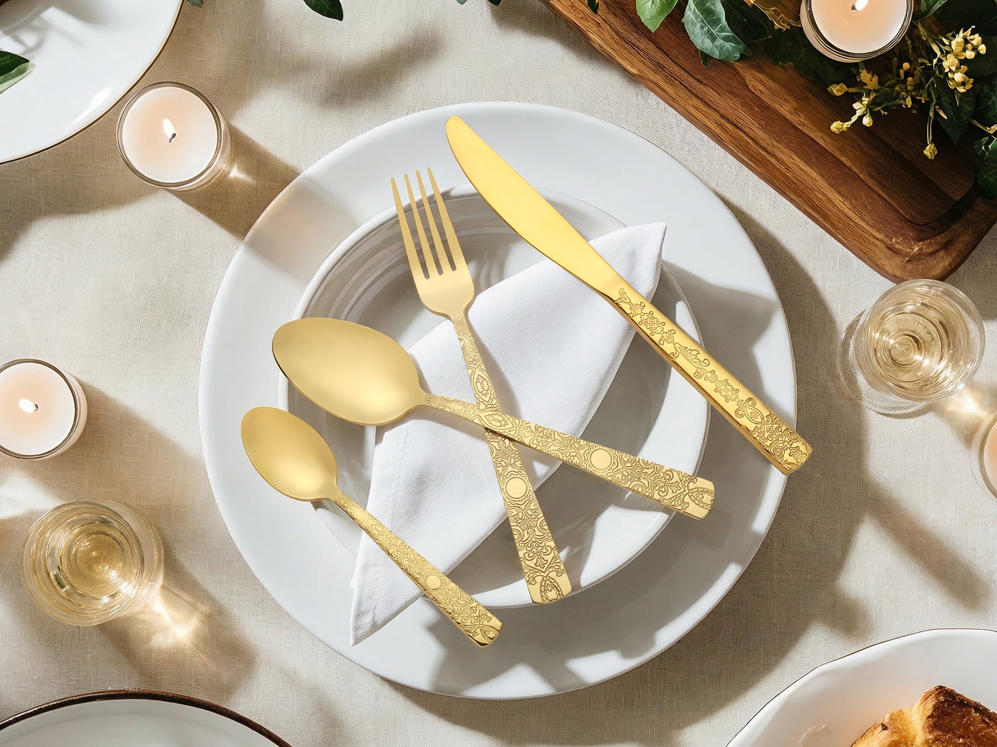 Unique Bargains Stainless Steel Floral Flatware Set for Various Occasions Gold 4pcs