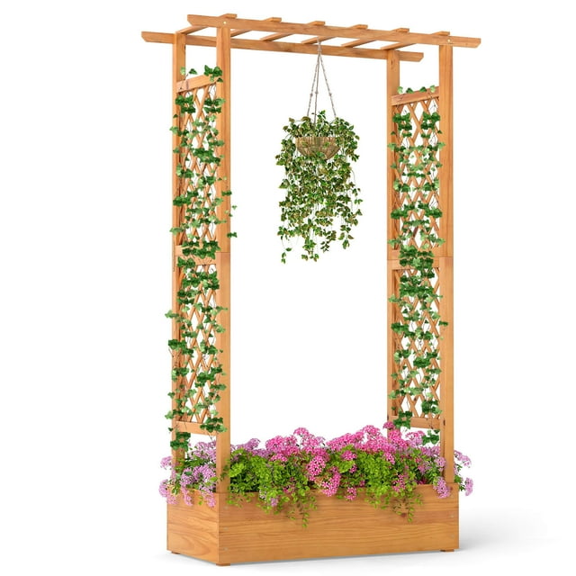 Costway 1 PCS 70" Wooden Raised Garden Bed with Lattice Trellis, Hanging Roof, Open-Ended Base