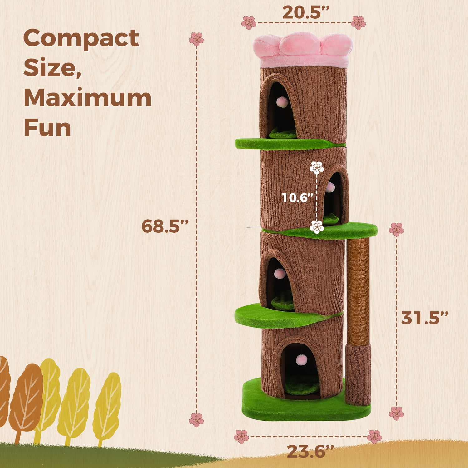 Pefilos 68" Tall Forest Cat Tree Tower with 4 Condos, Flower Top Bed & Thick Scratching Post (φ3.8in), Large Heavy Duty Tree That Looks Like a Tree for Multi-Cat, Brown