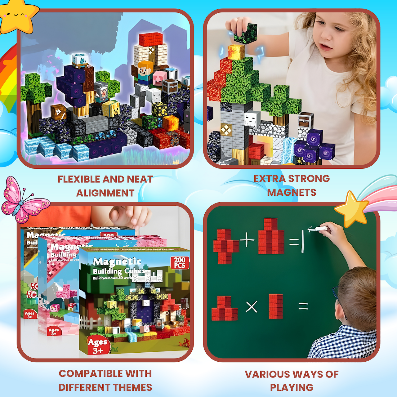 AURA PLAYY Magnetic Building Blocks for Kids: 200 PCS 3D Creative Construction Set, Strong Magnets, STEM Learning, Open-Ended Play, Fine Motor & Imagination Development, Safe Large Blocks Ages 3+