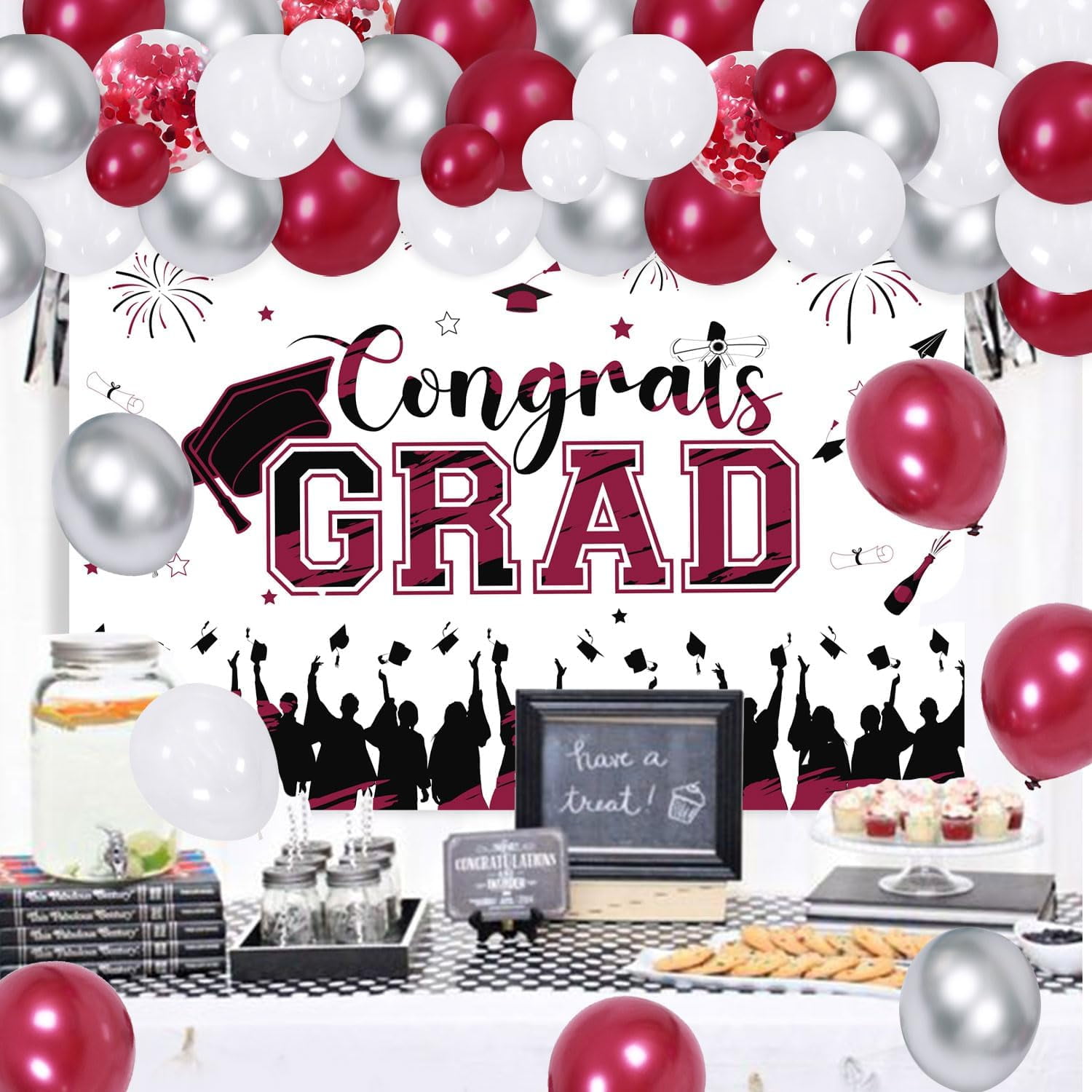 67Pcs Congrats Grad Decorations 2024, Burgundy Red Graduation Decor with Congrats Grad Backdrop Red Silver Confetti Balloon Garland Arch Kit for Class of 2024 Grad Prom Graduation Supplies