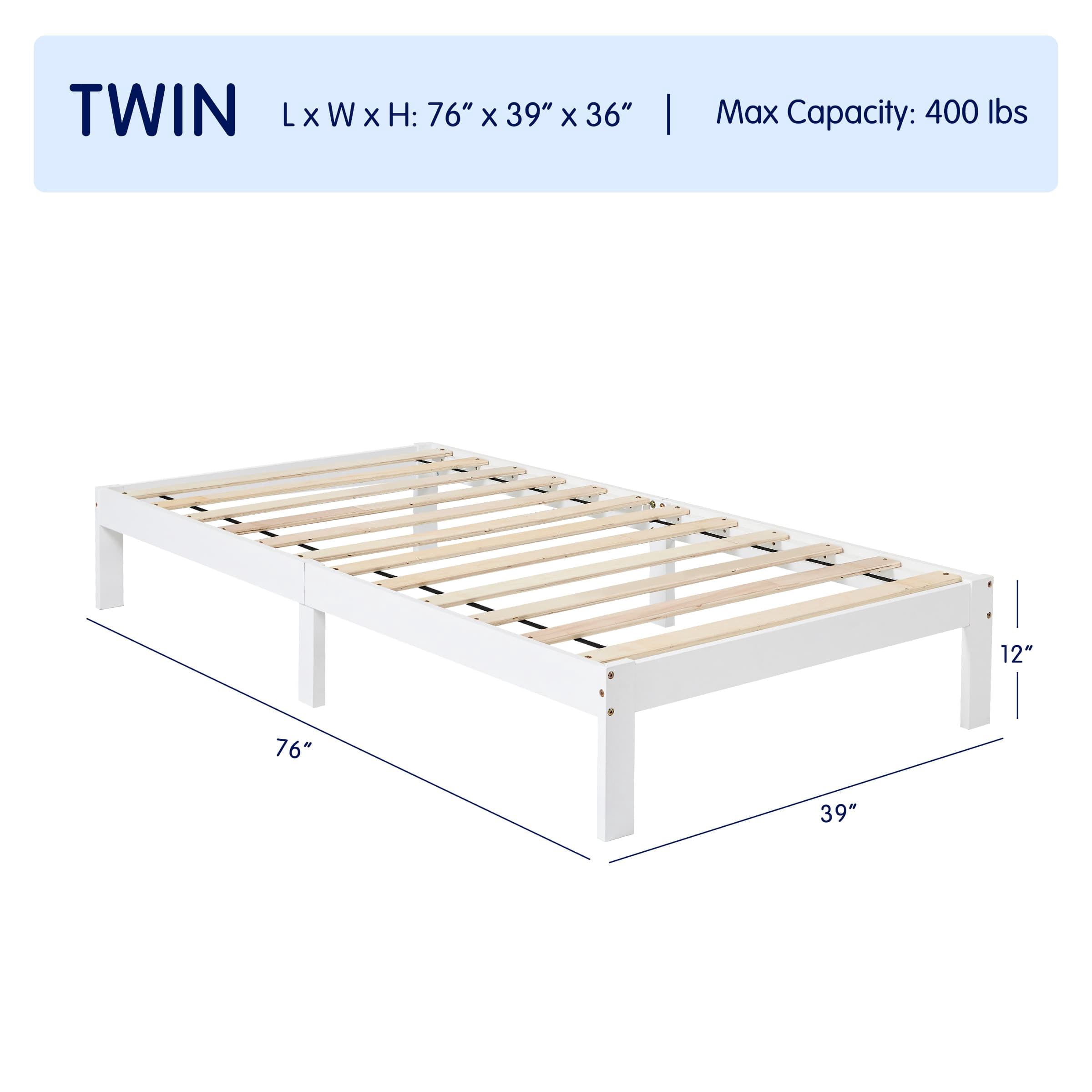 Subrtex 12" Solid Wood Platform Bed Frame with Wooden Slats, White, Twin