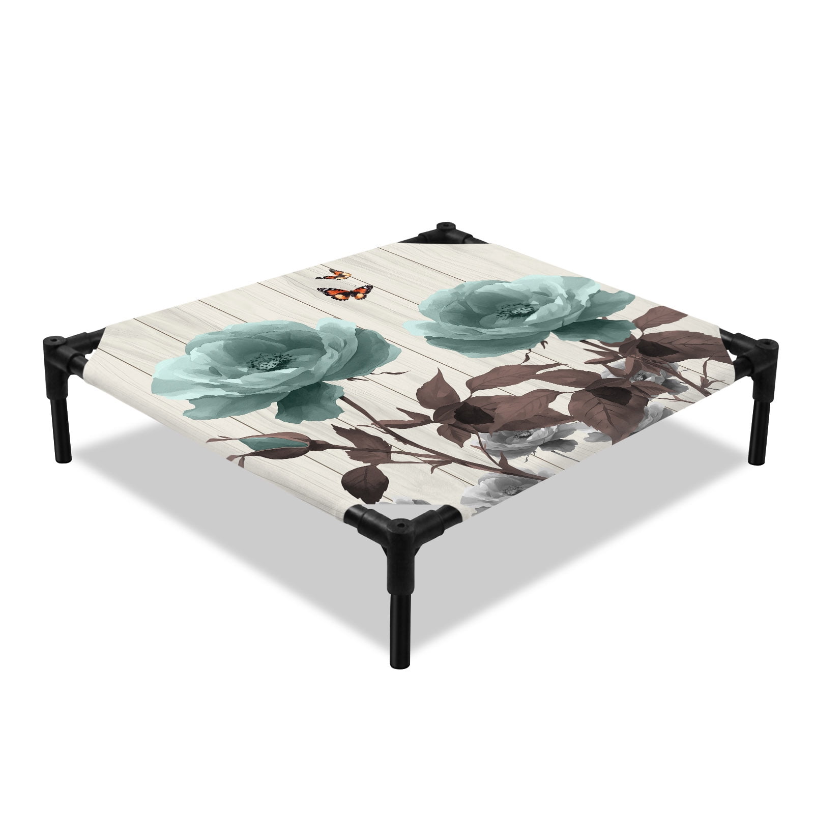 Retro Elevated Dog Bed Abstract Green Flowers Butterfly Wood Grain Cooling Breathable Outdoor Raised Dog Cot Bed with Metal Frame Non-Slip Feet for Small Dog 20x20in