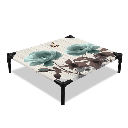 Retro Elevated Dog Bed Abstract Green Flowers Butterfly Wood Grain Cooling Breathable Outdoor Raised Dog Cot Bed with Metal Frame Non-Slip Feet for Small Dog 20x20in