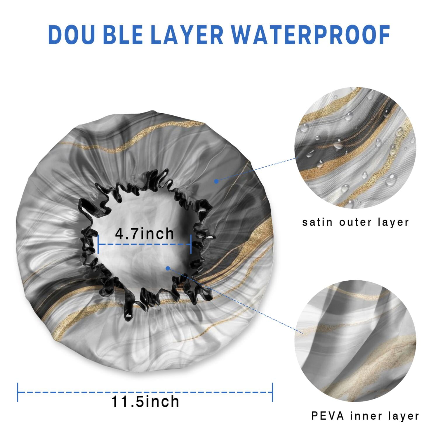 Shower Caps,Gray White Marble Gold Wave Pattern Waterproof Shower Cap for Women 4 Pieces,Double Reusable Hair Cover for Shower PEVA Elastic Stretch Hem