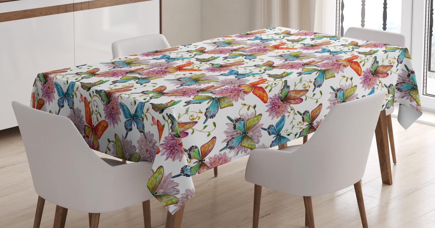 rectangle with pretty Flowers and Butterflies. Pink Printed Tablecloth square 
