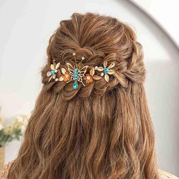Butterflies Bridal Headpiece Gold Blue Rhinestone Bride Wedding Hair Vine Headpiece Flower Hair Pieces Leaf Hair Accessories for Women and Girls