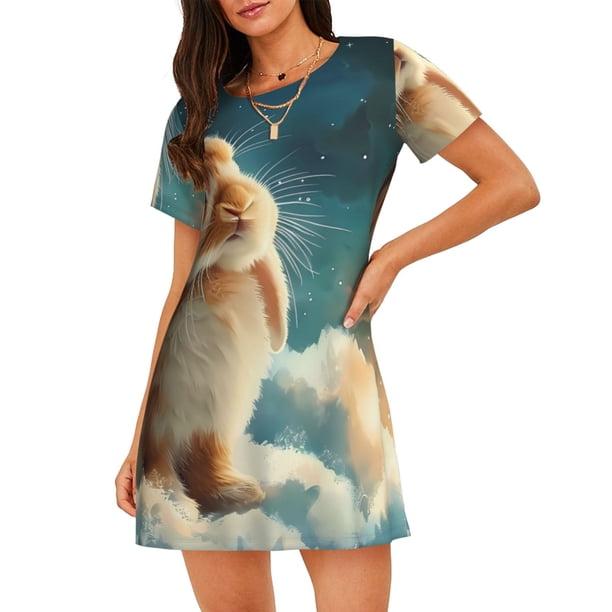 Easygdp Starry Sky Cloud Cute Rabbit Camisón de manga corta para mujer, informal, estampado