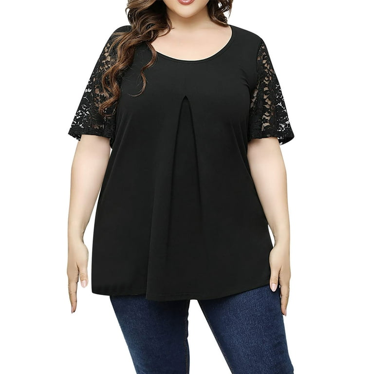 JDEFEG X for Women Solid Plus Size Tops Lace Stitching Short Sleeve Tunic  Tops To Wear with Leggings Summer Tops Silk Blouse Piece Polyester,Spandex  Black Xxxl 